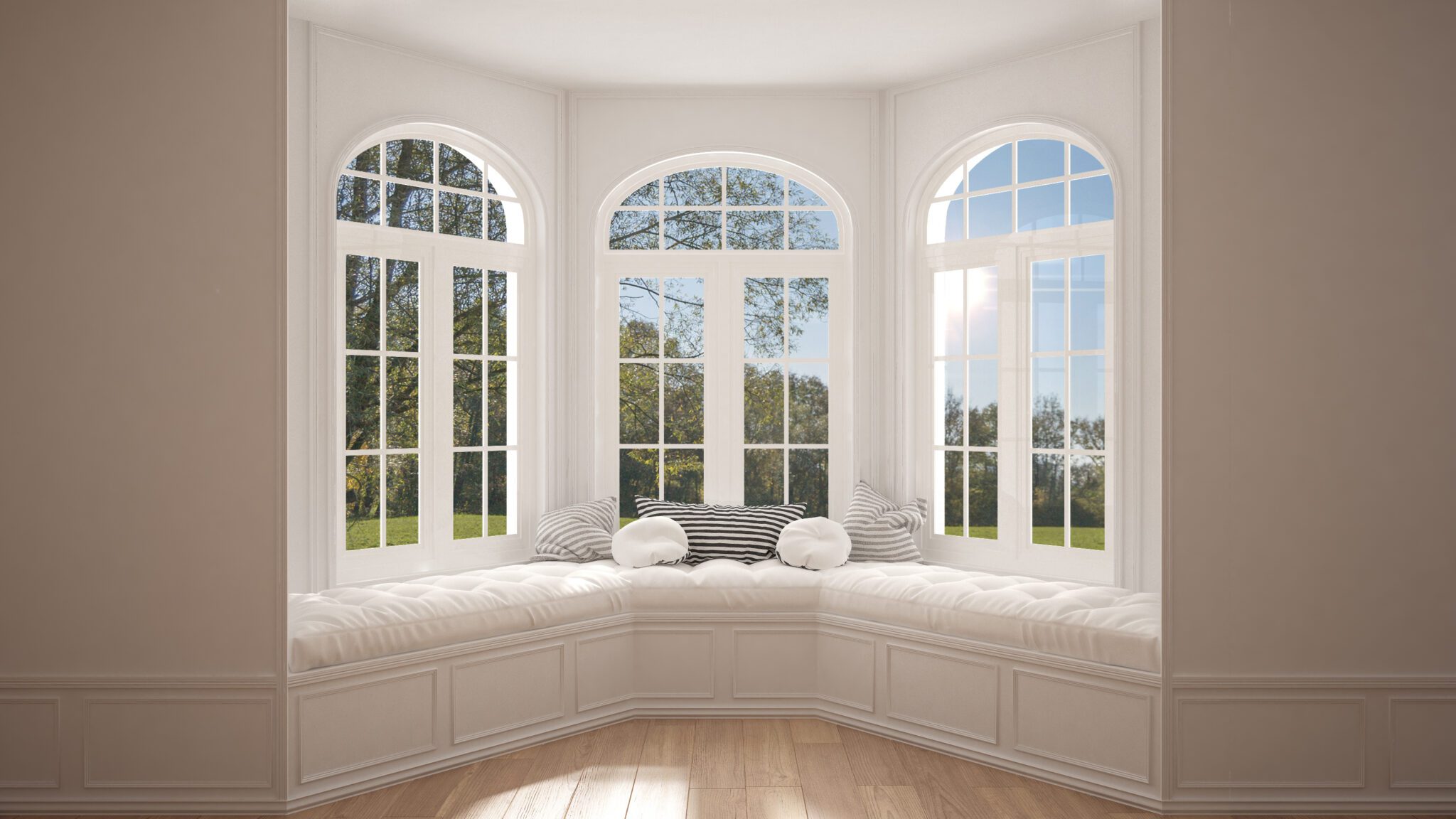 Bay window round white frames and seat